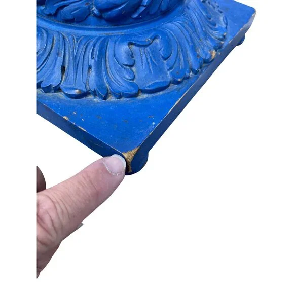 Vintage Blue ornate Handmade Carved floral Wooden Candle Holder19.5x8 SKU 9387